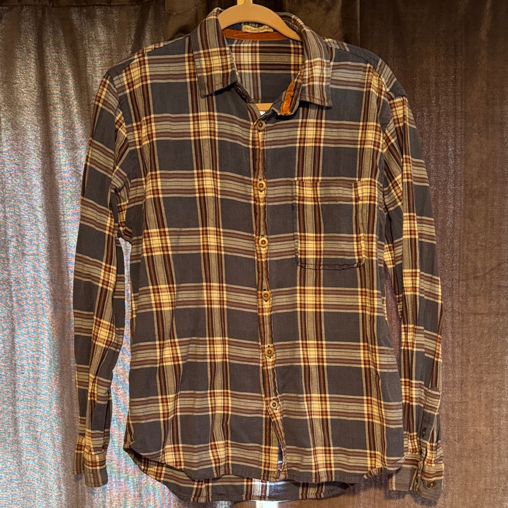 Men's Orange and Blue Plaid Button-Up Shirt